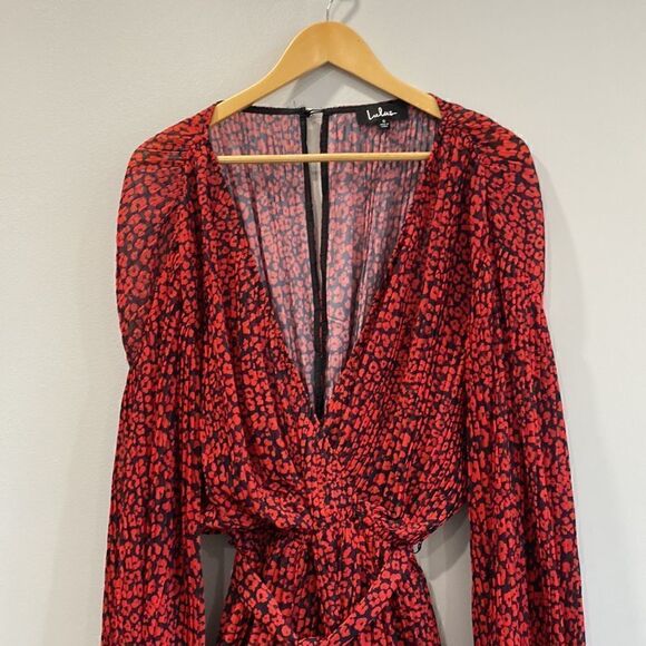 Lulus Camile Black and Red Leopard Print Pleated Romper Sz S - Picture 9 of 16